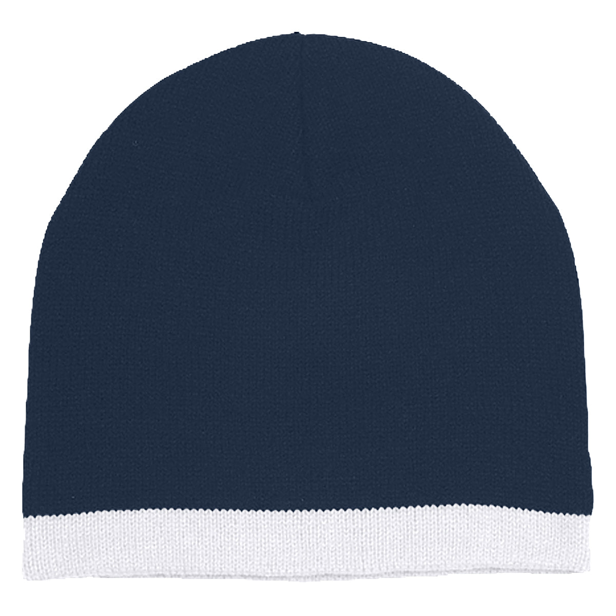 Knit Beanie With Stripe - Navy Blue With White