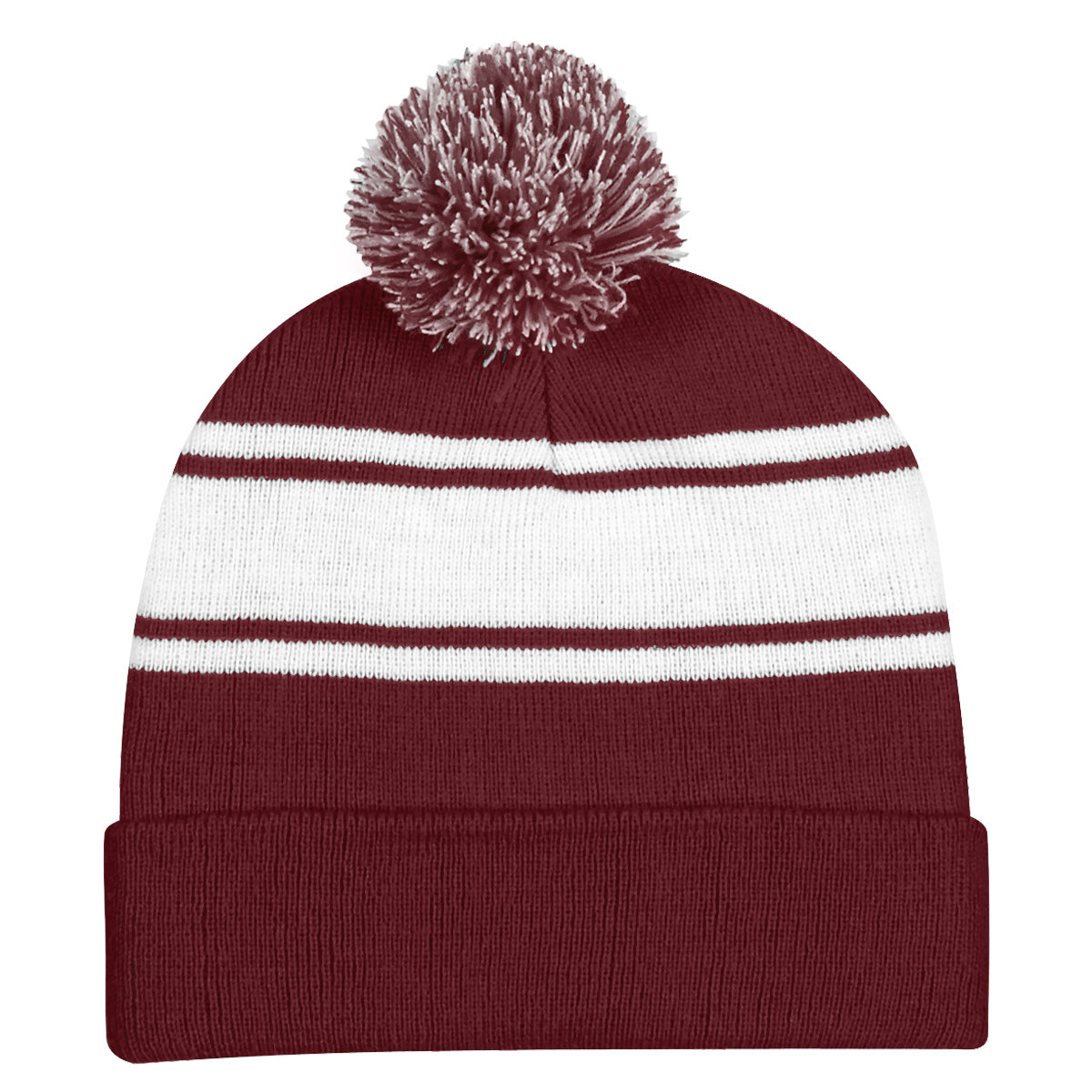 Two-Tone Knit Pom Beanie With Cuff - Burgundy