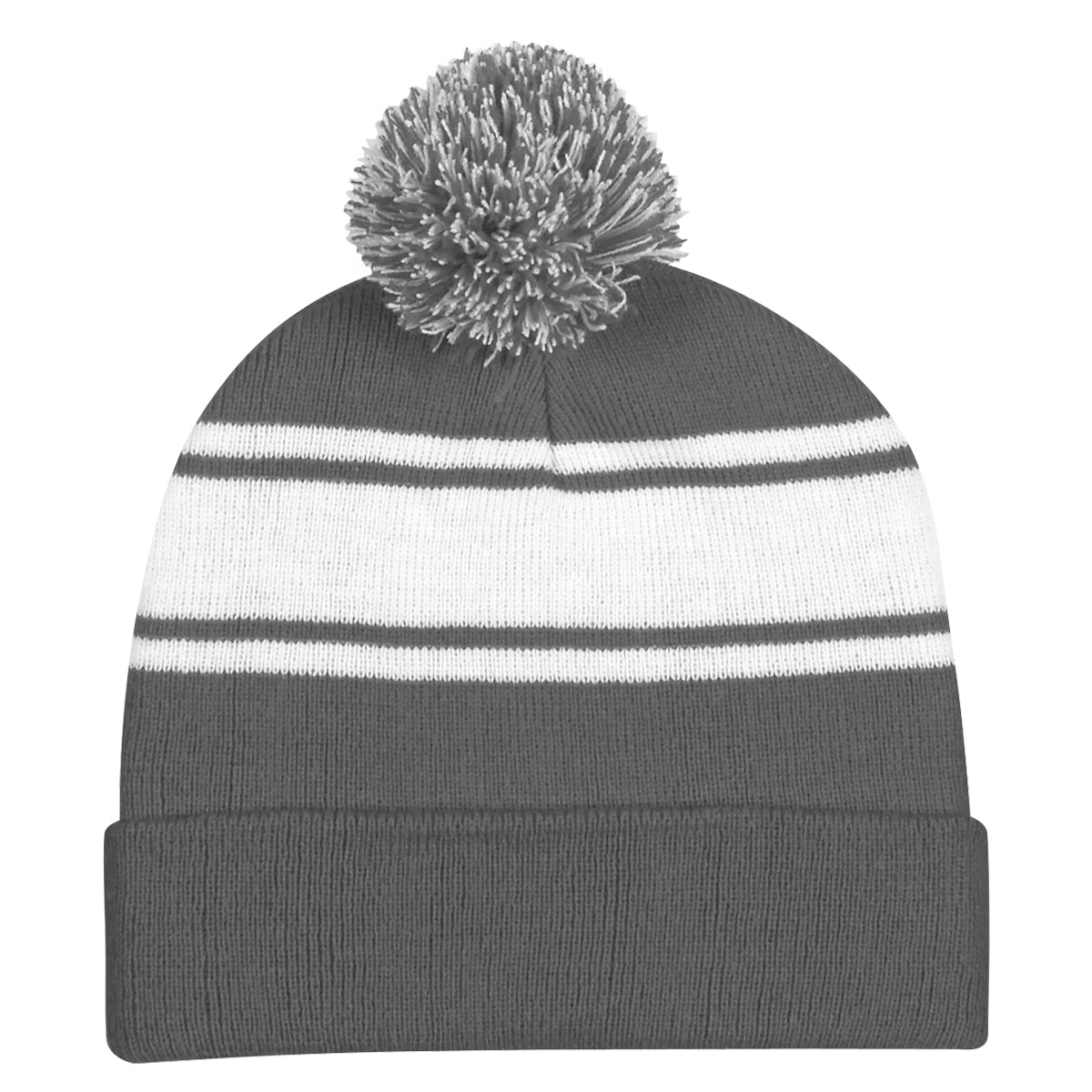 Two-Tone Knit Pom Beanie With Cuff - Gray