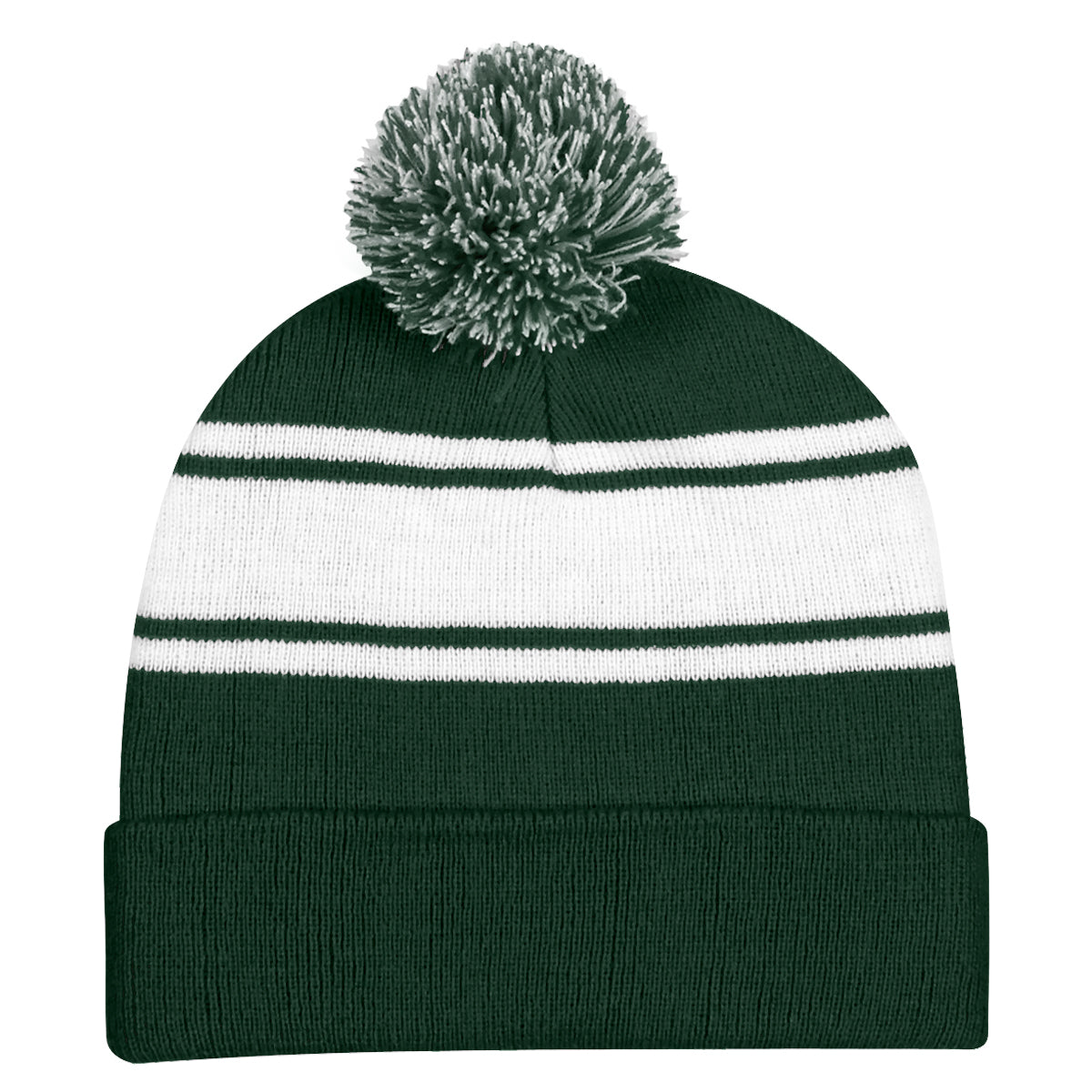 Two-Tone Knit Pom Beanie With Cuff - Forest Green
