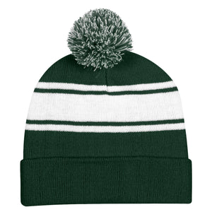 Two-Tone Knit Pom Beanie With Cuff - Forest Green