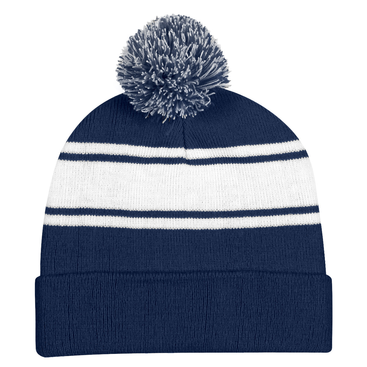Two-Tone Knit Pom Beanie With Cuff - Navy Blue