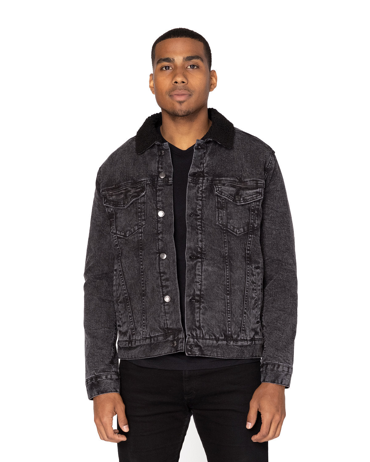 Threadfast Unisex Sherpa-Lined Denim Jacket - Black Denim