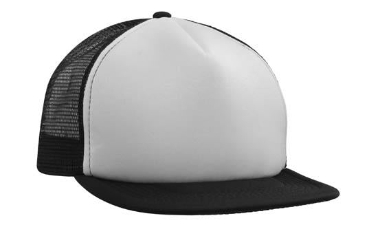5 Panel Mesh Back Cap with Flat Peak - White With Black