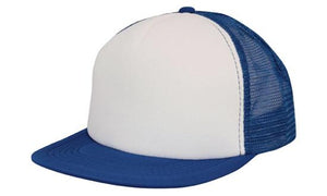 5 Panel Mesh Back Cap with Flat Peak - White With Royal