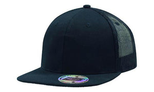 6 Panel Mesh Back Cap with Flat Peak - Black