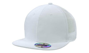 6 Panel Mesh Back Cap with Flat Peak - White