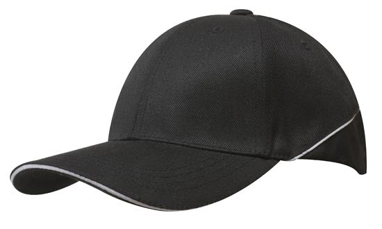Premium American Twill Cap with Sandwich - Custom Embroidered - Black With White