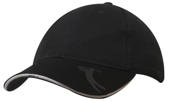 6 Panel BHC Golf Cap Embossed Peak - Custom Embroidered - Black And Stone