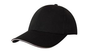 6 Panel Chino Twill Cap with Sandwich - Custom Embroidered - Black With White
