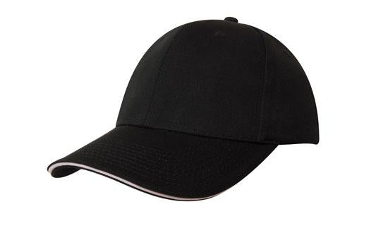 6 Panel Chino Twill Cap with Sandwich - Custom Embroidered - Black With White