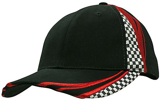 6 Panel Checks & Embroidery Cap - Black With Red
