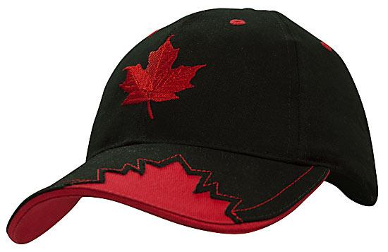 6 Panel Brushed Cotton Cap with Maple Leaf On Peak - Black With Red