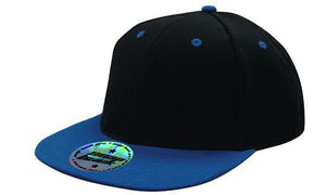 6 Panel Two Tone Flat Peak Cap - Custom Embroidered - Black With Royal