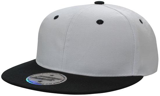 6 Panel Two Tone Flat Peak Cap - White With Black