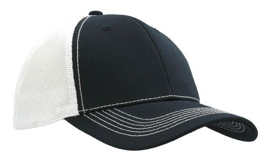 6 Panel Chino Twill Cap with Hi-Tech Mesh - Custom Embroidered - White With Navy