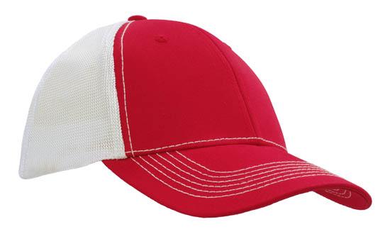 6 Panel Chino Twill Cap with Hi-Tech Mesh - Custom Embroidered - White With Red