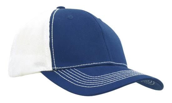 6 Panel Chino Twill Cap with Hi-Tech Mesh - White With Royal
