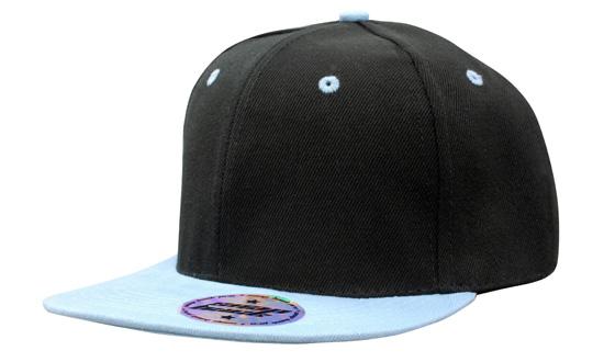 6 Panel American-T Flat Peak 2 Tone Cap - Black With Sky Blue