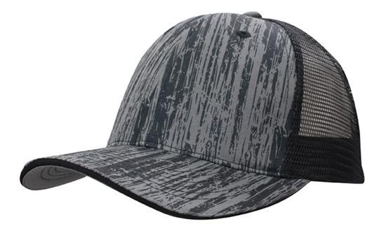 6 Panel Woodprint Poly Twill Tone Mesh Cap - Black/Charcoal