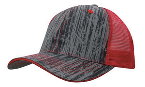 6 Panel Woodprint Poly Twill Tone Mesh Cap - Red/Charcoal