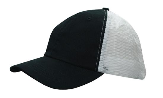 6 Panel Washed Chino Soft Mesh Back Cap - Custom Embroidered - Black And White