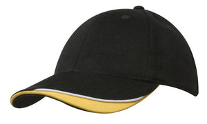 6 Panel HBC Cap with Peak Indent & Sandwich - Custom Embroidered - Navy With White And Gold
