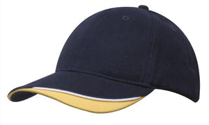 6 Panel HBC Cap with Peak Indent & Sandwich - Custom Embroidered - Black With White And Gold
