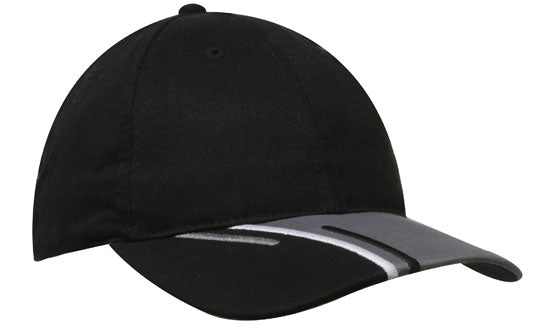 6 Panel Brushed Cotton Cap 3 Colour Peak - Black With White And Charcoal