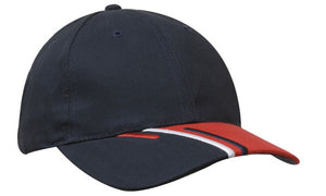 6 Panel Brushed Cotton Cap 3 Colour Peak - Navy With White And Red