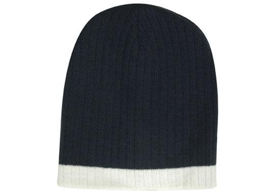 Two Tone Cable Beanie - Navy With White