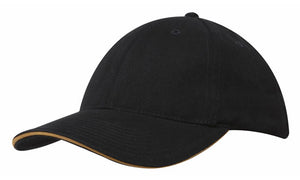 6 Panel Brush Heavy Cotton Sandwich Peak Cap - Black With Gold