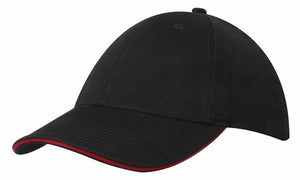 6 Panel Brush Heavy Cotton Sandwich Peak Cap - Black With Red