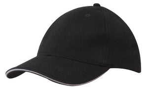 6 Panel Brush Heavy Cotton Sandwich Peak Cap - Custom Embroidered - Navy With White