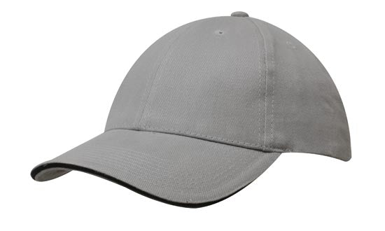 6 Panel Brush Heavy Cotton Sandwich Peak Cap - Gray With Black