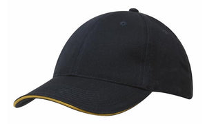 6 Panel Brush Heavy Cotton Sandwich Peak Cap - Custom Embroidered - Navy With Gold