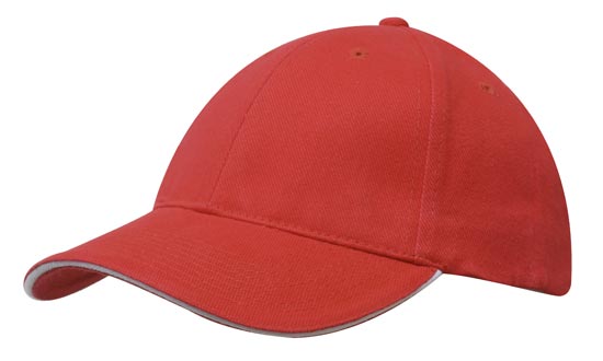 6 Panel Brush Heavy Cotton Sandwich Peak Cap - Red With White