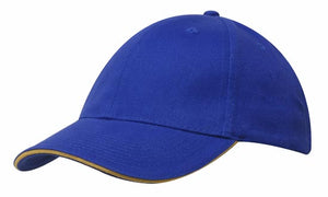 6 Panel Brush Heavy Cotton Sandwich Peak Cap - Royal With Gold