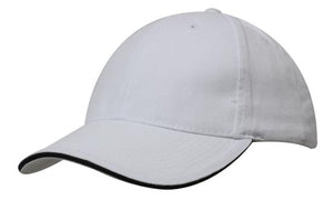 6 Panel Brush Heavy Cotton Sandwich Peak Cap - White With Black