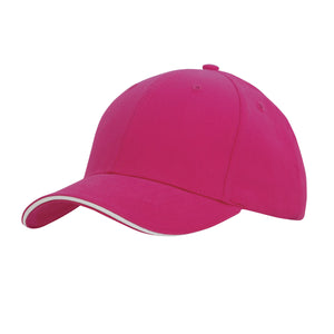 6 Panel Brush Heavy Cotton Sandwich Peak Cap - Pink With White