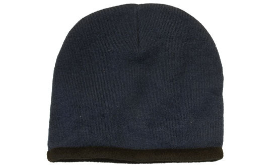 Acrylic-Polar Fleece Lined Beanie - Custom Embroidered - Navy With Black
