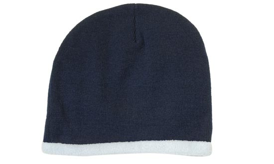 Acrylic-Polar Fleece Lined Beanie - Navy With White