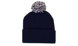 Knitted Acrylic Beanie with Pom Pom - Black With White