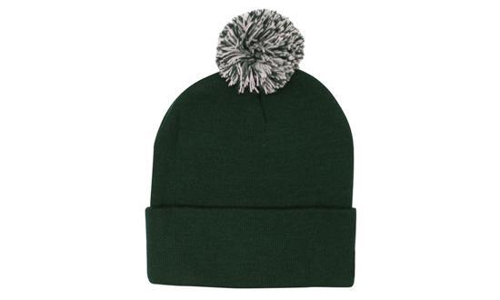 Knitted Acrylic Beanie with Pom Pom - Bottle Green With White