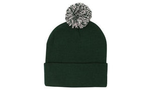 Knitted Acrylic Beanie with Pom Pom - Bottle Green With White