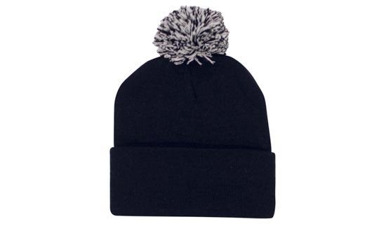 Knitted Acrylic Beanie with Pom Pom - Navy With White