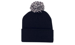 Knitted Acrylic Beanie with Pom Pom - Navy With White