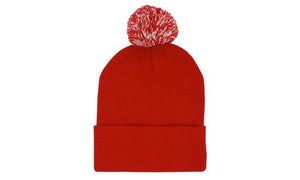 Knitted Acrylic Beanie with Pom Pom - Red With White