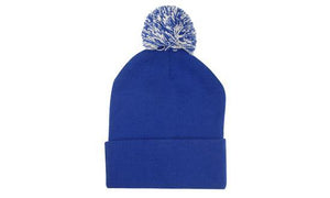 Knitted Acrylic Beanie with Pom Pom - Royal With White