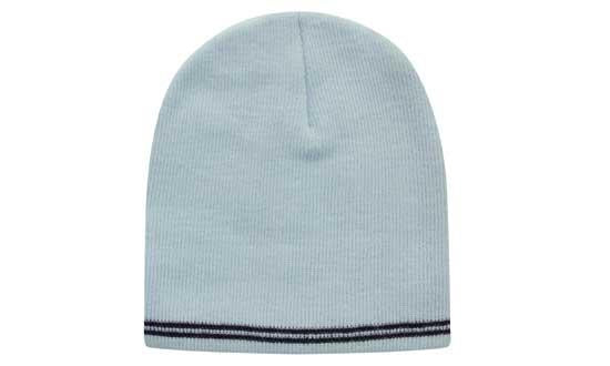 Skull Acrylic Beanie with - Stripes - Powder Blue With Navy